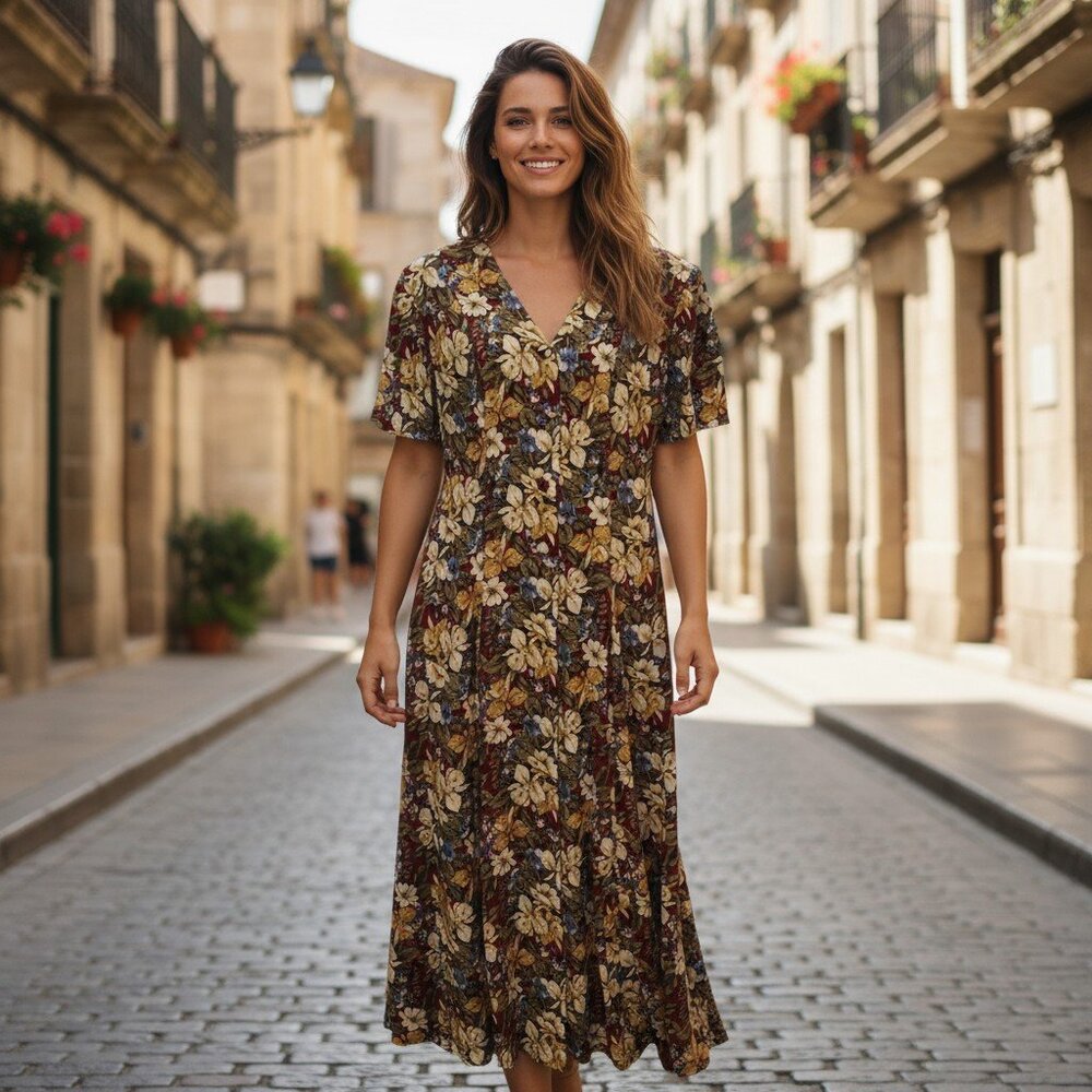 Vintage Jaime Brooke Floral Cottage Core Dress Women's M Maxi Button Front Rayon